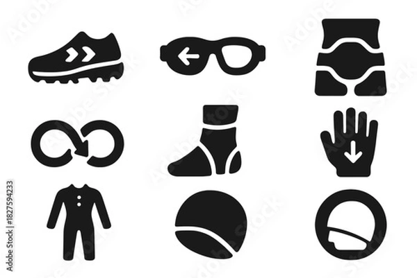 Fototapeta Reverse Running Gear Icons. Solid style icons of reverse running gear: specially treaded shoe icon, rear-view glasses badge, back