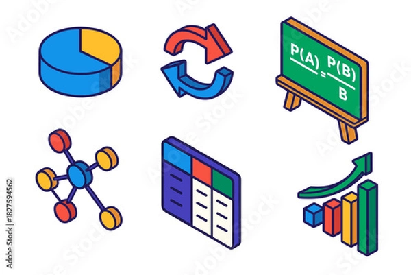 Obraz Bayesian Inference Icons. Isometric vector illustration set Bayesian Inference: prior probability icon, posterior update arrows,