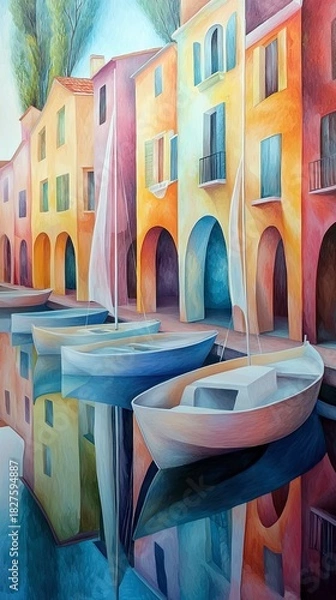 Fototapeta An artistic painting of boats floating in a canal, reflecting colorful buildings. The scene evokes a sense of tranquility and vibrant beauty.
