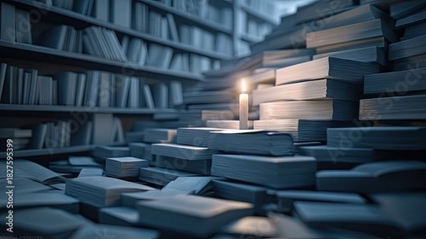Fototapeta A candle is lit on top of a pile of books in a library. The scene is lit by the candle and has a low key, moody feel.