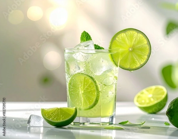 Fototapeta Refreshing Lime Cocktail with Ice and Mint Garnish on a Bright Summer Day.