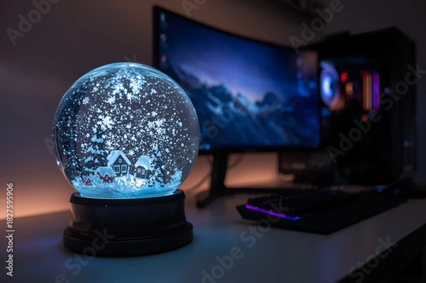 Fototapeta Glowing snow globe on a modern gaming desk with dual monitors and ambient RGB lighting. Cozy tech holiday workspace at night.