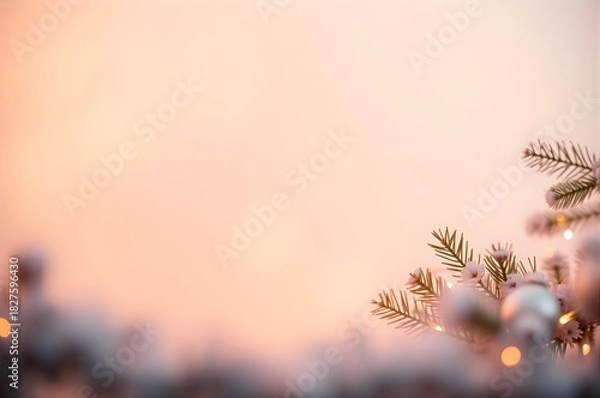 Fototapeta Minimal Christmas background with soft pastel space and a spruce branch with tiny lights. Elegant seasonal backdrop for greeting cards and design.