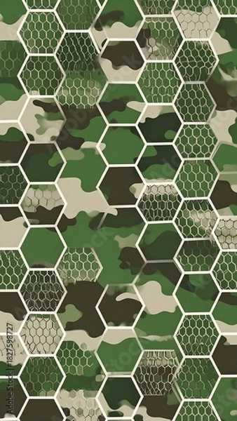 Fototapeta Modern camouflage pattern overlaid with a geometric honeycomb design
