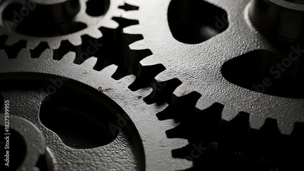 Fototapeta Close-up Macro Shot of Interlocking Metal Gears in Dark Tones, Symbolizing Industrial Engineering, Mechanical Power, Teamwork, and Complex System Integration
