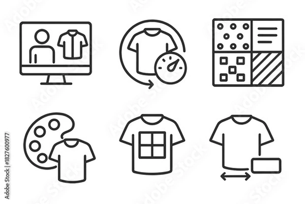 Obraz 3D Clothing Customization Icons. Line style icons of 3D clothing customizations: avatar-based fitting, adjustable size dial,