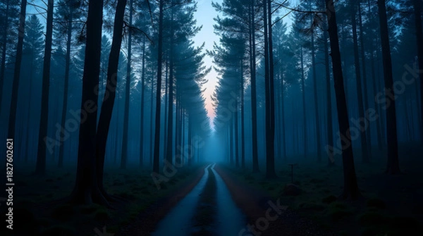Fototapeta Dark forest path shrouded in fog winding road through tall trees creating mysterious atmosphere in twilight woodland landscape serene natural setting