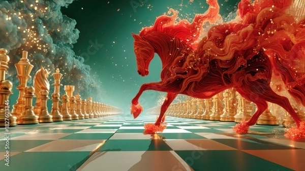 Fototapeta laming red horse charging down chessboard corridor between golden pieces, cinematic fantasy strategy scene on teal smoky background with glowing sparks, horse symbol of new year