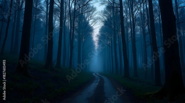 Fototapeta Eerie forest path winds through twilight trees shrouded in fog creating spooky scene dark woodland road evokes mystery tranquil gloomy natural landscape