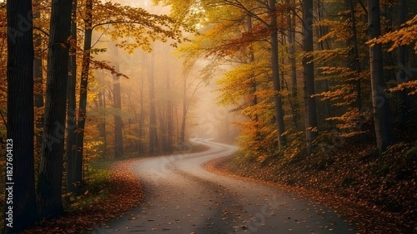 Obraz Winding dirt road disappearing into a dense, foggy forest path lined with tall trees displaying vibrant autumn foliage during sunrise