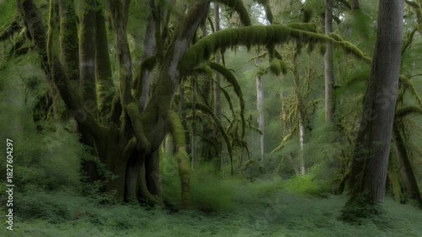 Fototapeta Moss Covered Trees in Forest with Dense Undergrowth Creating Enigmatic Woodland Scene Filled with Mystical Green Ambiance in Tranquil Natural Setting