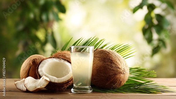Fototapeta Fresh coconuts sit on a wooden table, with one half opened to reveal the white meat inside. A clear glass of coconut water stands beside them, surrounded by tropical greenery in soft daylight
