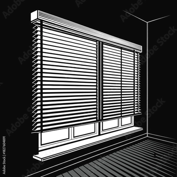 Fototapeta Architectural design illustration of a window in a window within a house wall with interior blinds and a metal frame