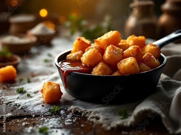 Obraz Golden fried cheese curds in a cast iron skillet with dipping sauce.