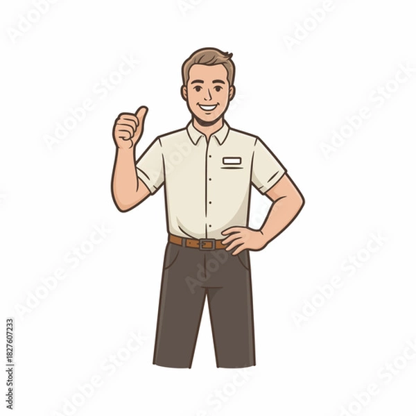 Fototapeta This professional image features a smiling staff member giving a thumbs up, symbolizing positive customer service and a friendly atmosphere in a retail or service environment.