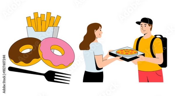 Fototapeta A vibrant and appetizing illustration showcasing fast food staples including donuts and pizza, perfect for food delivery services or restaurant advertisements.