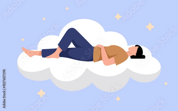Fototapeta A serene illustration of a person lying peacefully on a fluffy cloud against a soft blue background, conveying a feeling of tranquility and comfort to viewers.