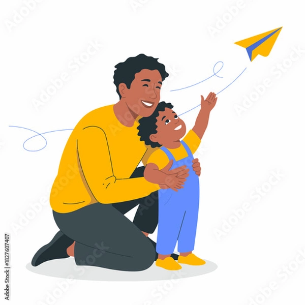 Fototapeta A father and child gleefully interact as they fly a paper plane, symbolizing love, playfulness, and the joy of shared moments in an engaging family activity setting.