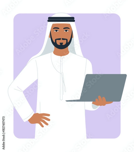 Fototapeta A professional man dressed in traditional attire holds a laptop, representing the blend of modern technology with cultural heritage in a contemporary setting.
