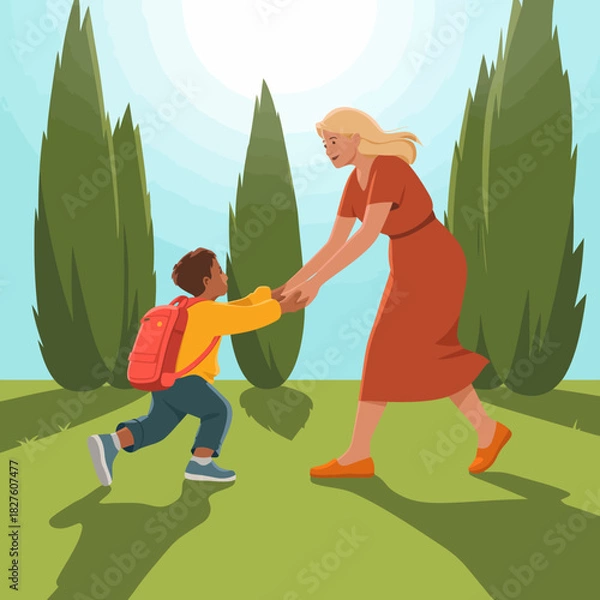 Fototapeta A captivating moment captures a joyful reunion between a child and their parent, embodying love, happiness, and connection in a serene natural setting under bright sunlight.