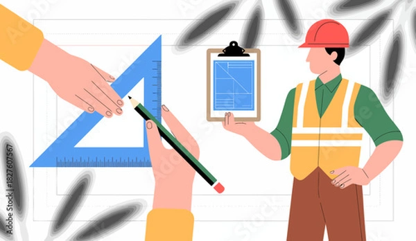 Fototapeta A professional construction worker in a safety helmet holding blueprints, highlighting the construction industry’s precision and planning aspects in a dynamic working environment.
