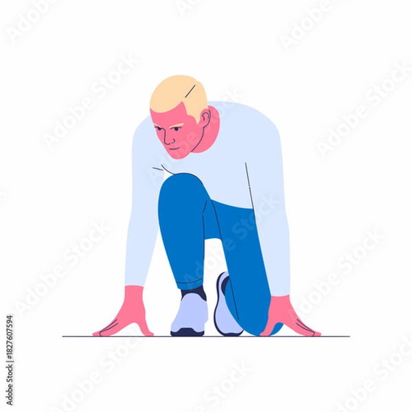 Fototapeta A focused athlete in a starting position, demonstrating readiness and determination, ready to begin a race, epitomizing the spirit of competition and effort.