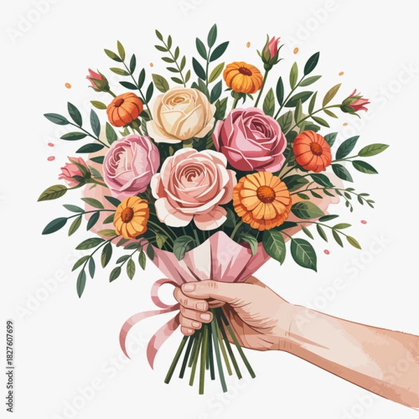 Fototapeta A beautiful bouquet of colorful flowers being held, representing love, celebration, and gestures of kindness, symbolizing emotions and the beauty of nature in gift-giving.