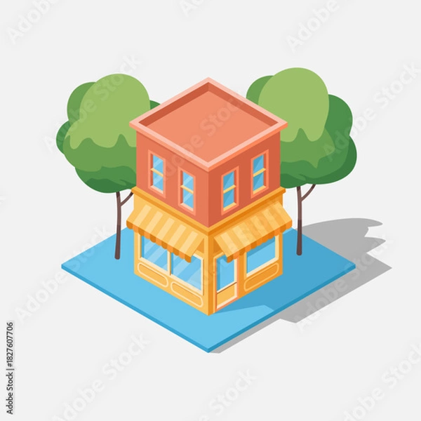 Fototapeta A charming illustration depicts a quaint storefront nestled among lush trees, evoking a sense of community, adventure, and the simple pleasures of local shopping experiences.