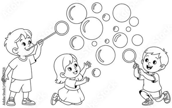 Fototapeta A joyful scene featuring two children playing with bubbles, capturing the essence of childhood fun and carefree moments in a bright and cheerful outdoor setting.