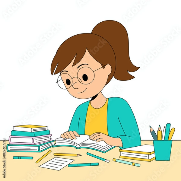 Fototapeta A studious girl attentively reading a book while surrounded by stacks of literature and study supplies, embodying focus, learning, and academic dedication.
