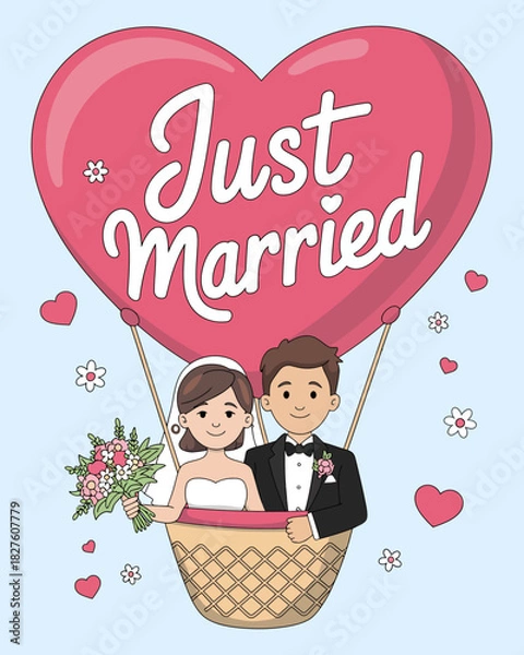 Fototapeta A joyful couple in formal attire floats in a hot air balloon, celebrating their love with a heart-shaped balloon, embodying romance and new beginnings.