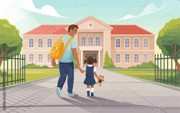 Fototapeta This heartwarming illustration depicts a father walking hand-in-hand with his daughter towards a school building, fostering a sense of companionship and support.