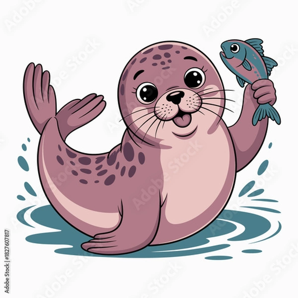 Fototapeta An adorable cartoon seal cheerfully holding a fish, radiating joy and playfulness, showcasing the charm and whimsy of marine life.