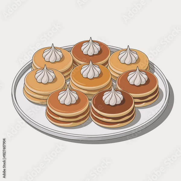 Fototapeta A stacked platter of delicious pancakes topped with fluffy whipped cream, appealing to breakfast lovers and anyone with a sweet craving for brunch or dessert.