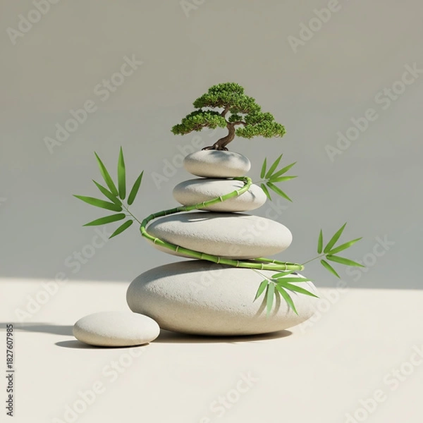 Fototapeta 3D Silhouette of Stacked Stones with Bamboo Leaves and Bonsai Tree on Beige Background