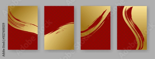 Obraz 筆で描いた金色と赤色の和風背景素材のセット