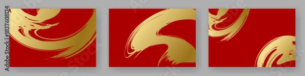 Obraz 筆で描いた金色と赤色の和風背景素材のセット