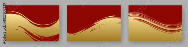 Obraz 筆で描いた金色と赤色の和風背景素材のセット