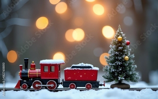 Fototapeta Red toy train and Christmas tree in snow on blurred lights background. Concept for Christmas, New Year, winter holidays. Banner with copy space. Christmas festive composition. High quality