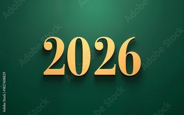 Fototapeta 2026 logo typography creative concept. Happy New Year set with gold numbers on green background. Minimalistic design template for greeting, print, banner, poster, cover, card, calendar. High quality