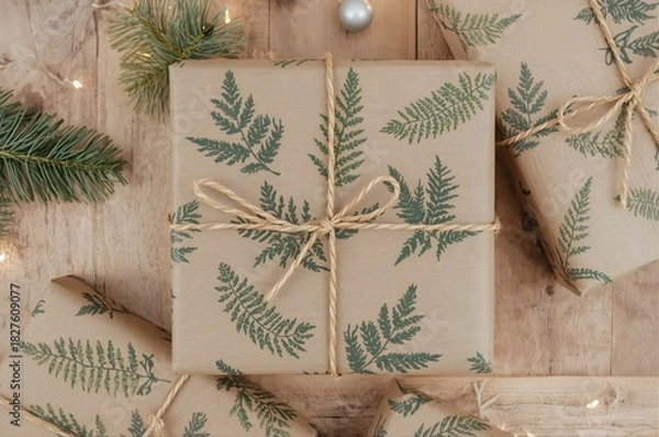 Fototapeta Rustic holiday gifts wrapped in kraft paper with green fern pattern and twine on wooden table. Eco-friendly Christmas present styling, warm lights.