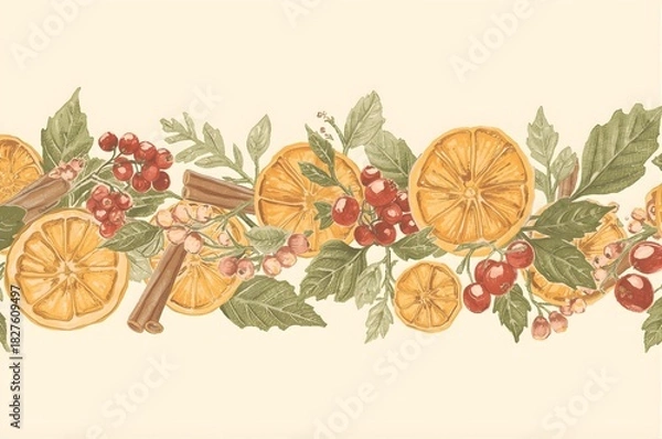 Fototapeta Hand-painted watercolor border with dried orange slices, red berries, leaves, and cinnamon sticks on cream background. Rustic Christmas botanical decoration.