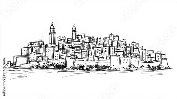 Obraz Algiers Skyline 2D Doodle Illustration Front View Black White Isolated Background