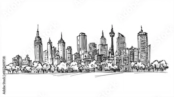 Obraz Barcelona Skyline 2D Doodle Illustration Front View Black White Isolated Background
