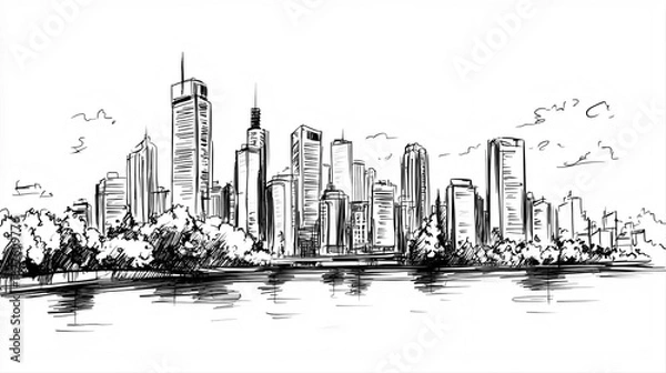 Obraz Brisbane Skyline 2D Doodle Illustration Front View Black White Isolated Background