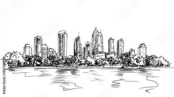 Obraz Colombo Skyline 2D Doodle Illustration Front View Black White Isolated Background