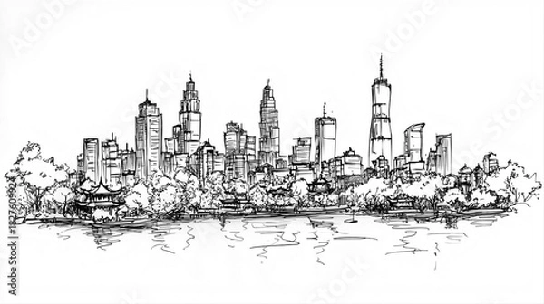 Obraz Hanoi Skyline 2D Doodle Illustration Front View Black White Isolated Background