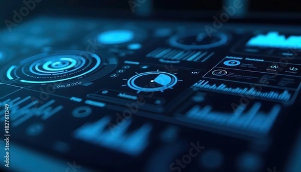 Fototapeta High-Tech Display Arrangement Featuring Bright Blue Structural Squares