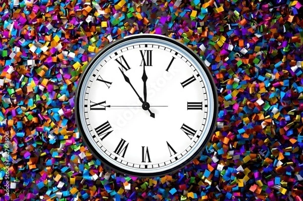 Fototapeta Classic wall clock with Roman numerals striking midnight, surrounded by colorful confetti. Festive New Year countdown party concept with copy space.