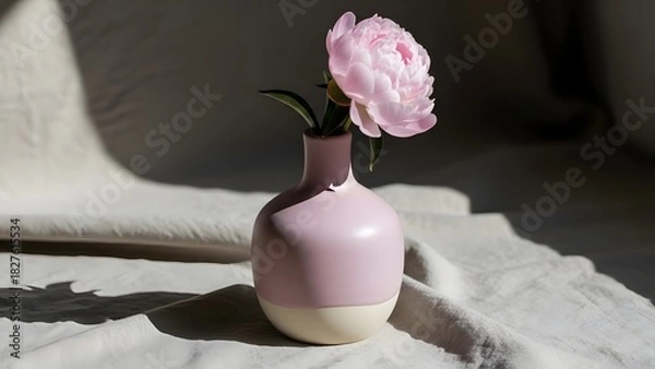 Fototapeta Single Pink Peony Flower in a Minimalist Pink and White Vase, Placed on a Textured Linen Cloth with Dramatic Sunlight and Shadow, symbolizing Calmness and Elegance